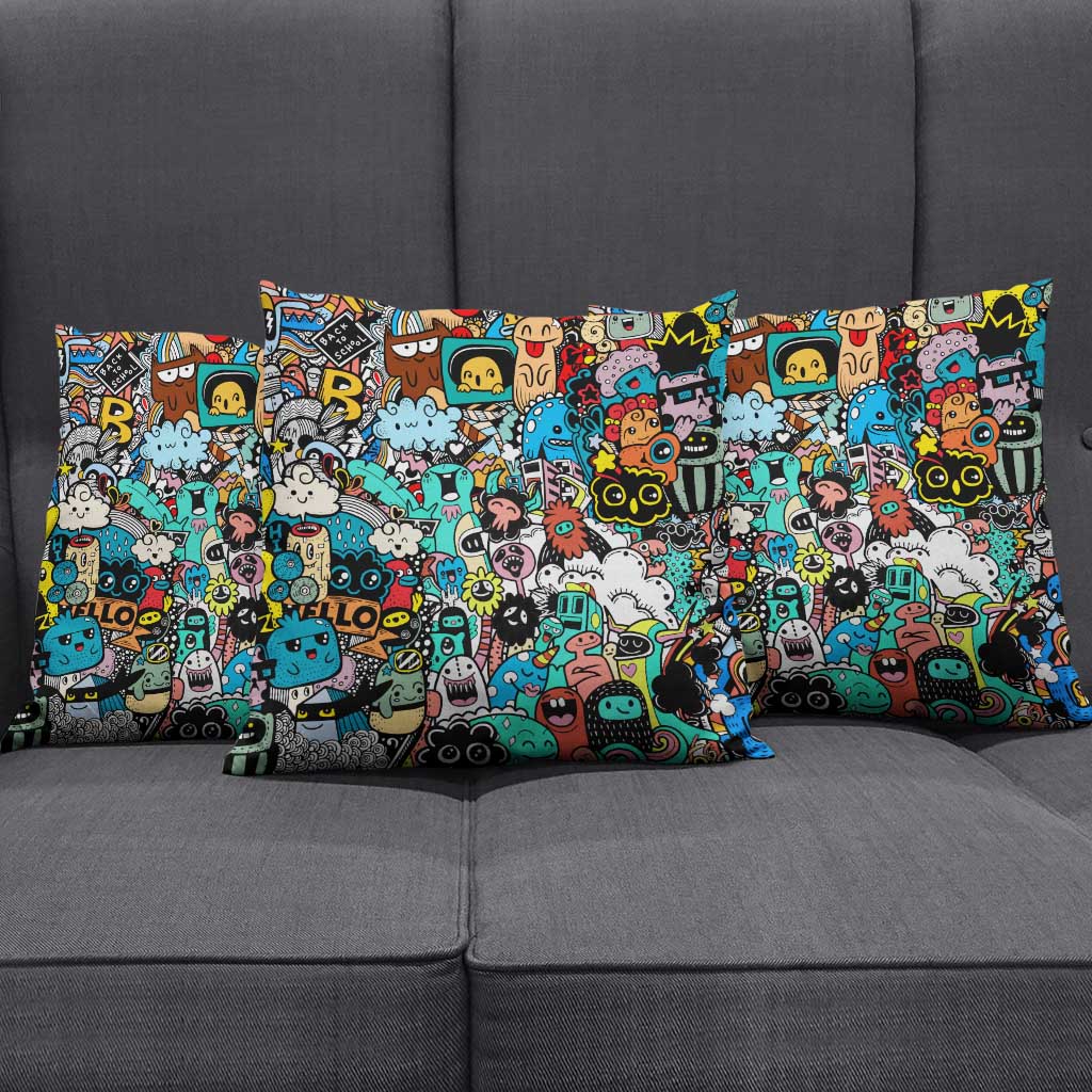 Happy Doodle Monsters Sticker Bomb Pillow Cover Funny Graffiti Style Cartoon