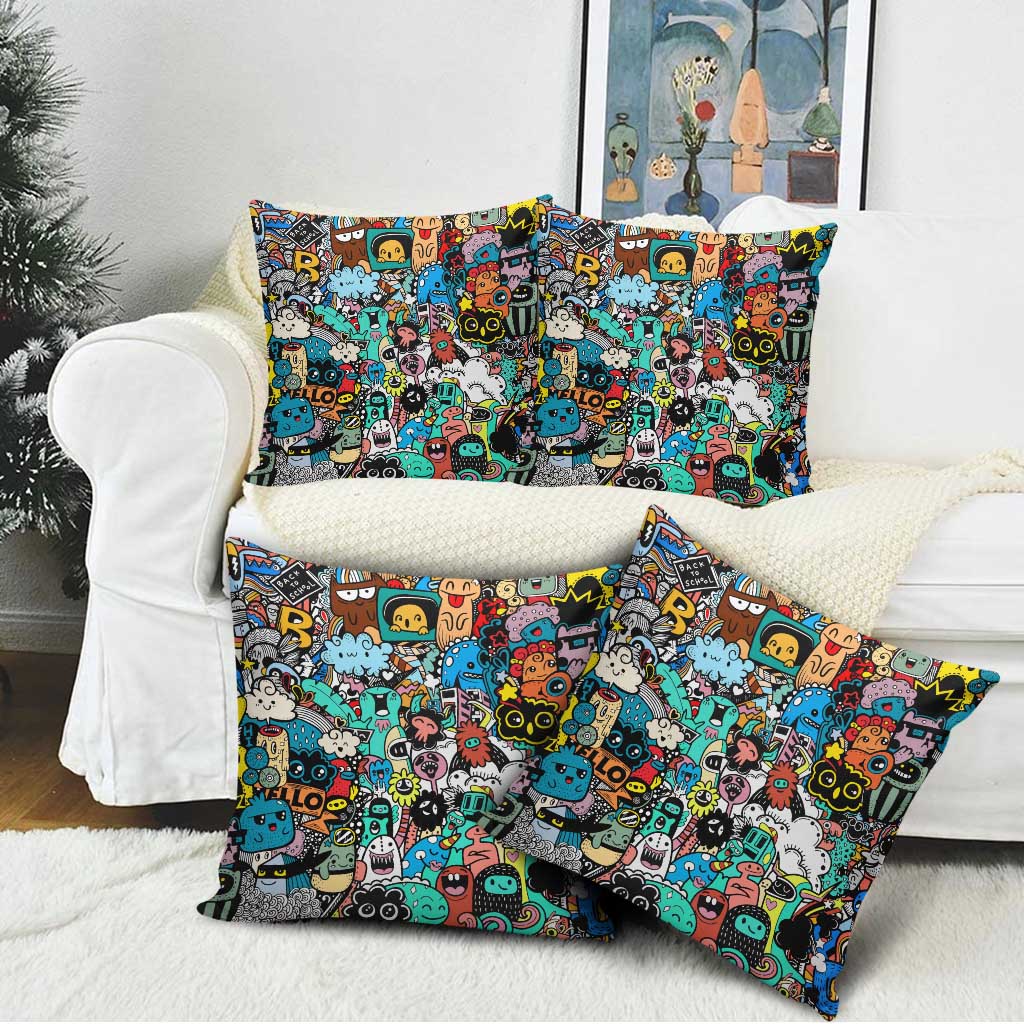 Happy Doodle Monsters Sticker Bomb Pillow Cover Funny Graffiti Style Cartoon