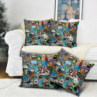 Happy Doodle Monsters Sticker Bomb Pillow Cover Funny Graffiti Style Cartoon