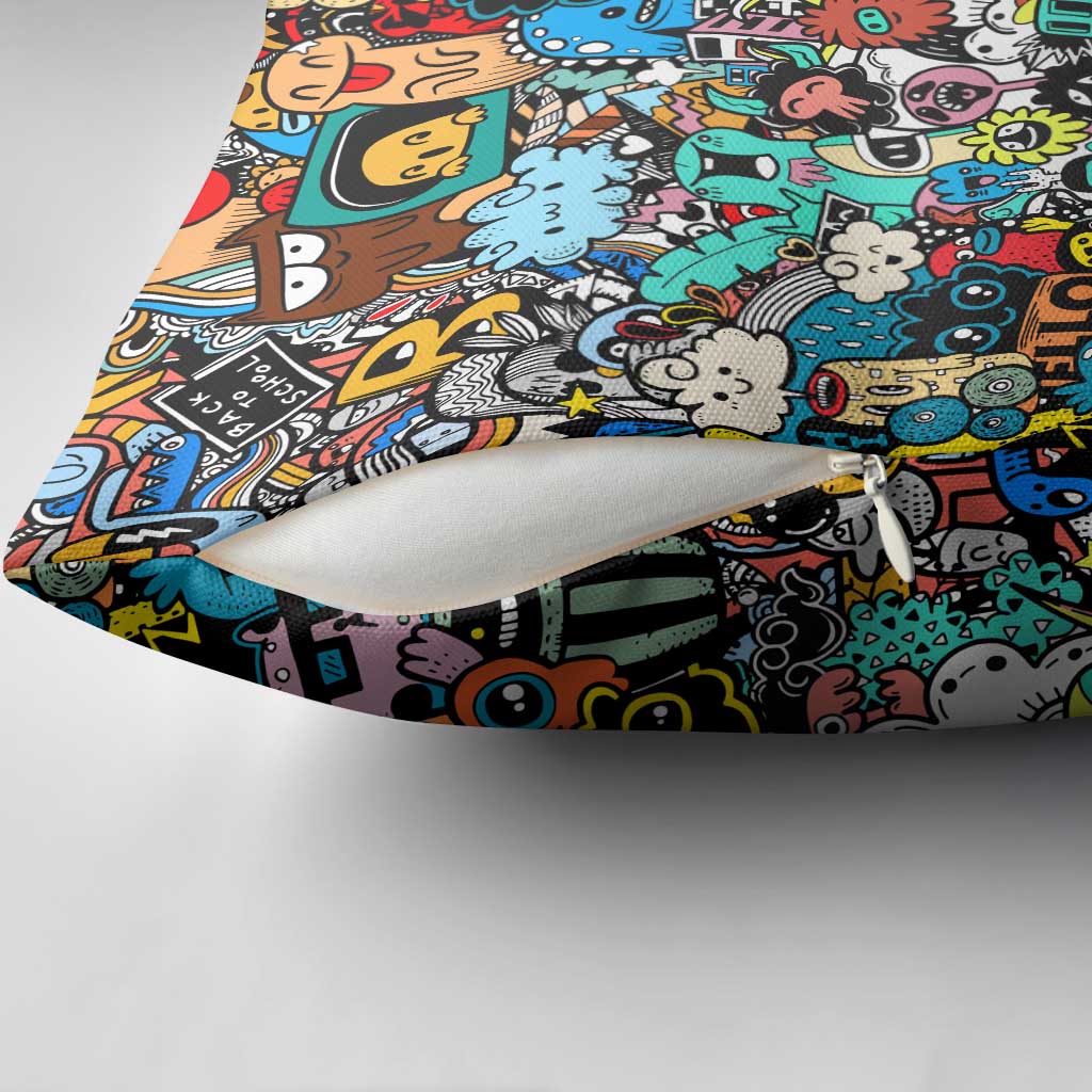 Happy Doodle Monsters Sticker Bomb Pillow Cover Funny Graffiti Style Cartoon