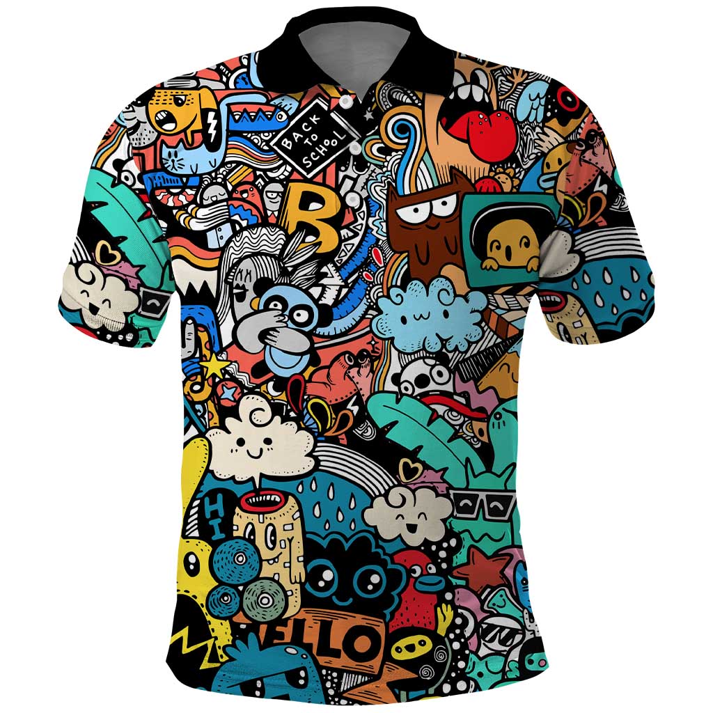 Happy Doodle Monsters Sticker Bomb Polo Shirt Funny Graffiti Style Cartoon
