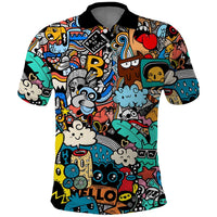 Happy Doodle Monsters Sticker Bomb Polo Shirt Funny Graffiti Style Cartoon
