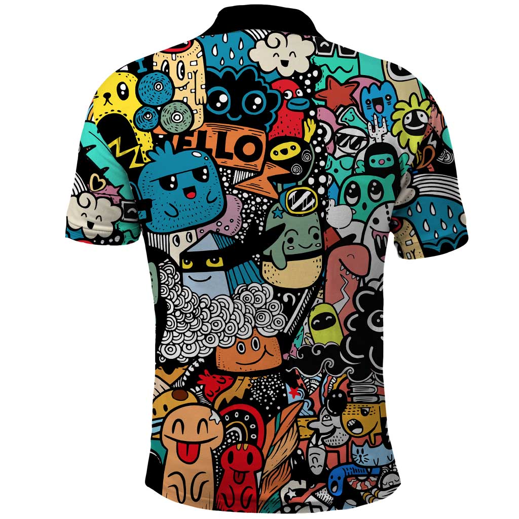 Happy Doodle Monsters Sticker Bomb Polo Shirt Funny Graffiti Style Cartoon