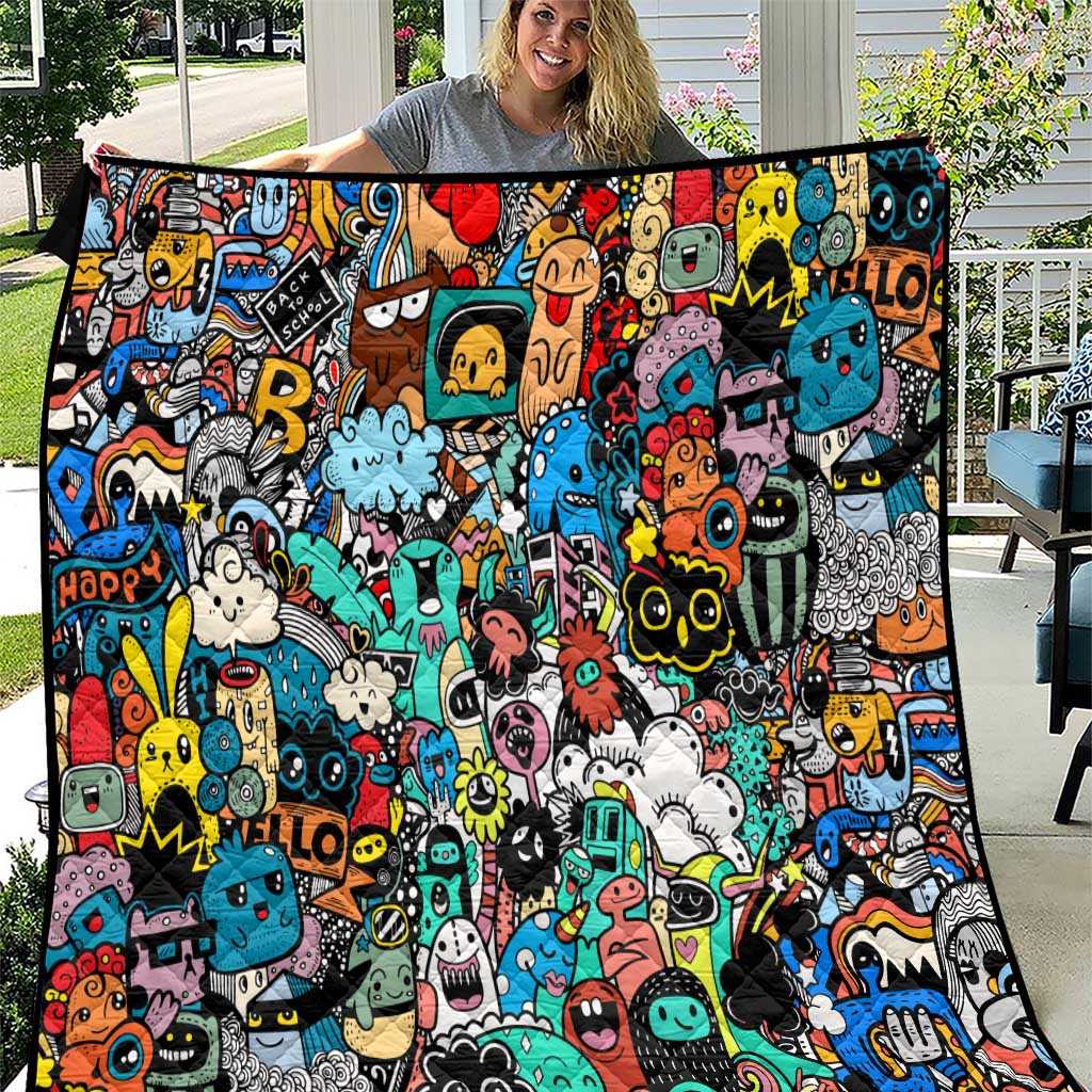 Happy Doodle Monsters Sticker Bomb Quilt Funny Graffiti Style Cartoon