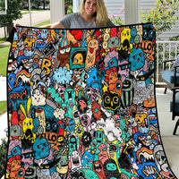 Happy Doodle Monsters Sticker Bomb Quilt Funny Graffiti Style Cartoon