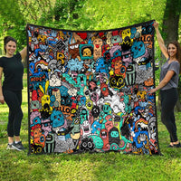 Happy Doodle Monsters Sticker Bomb Quilt Funny Graffiti Style Cartoon