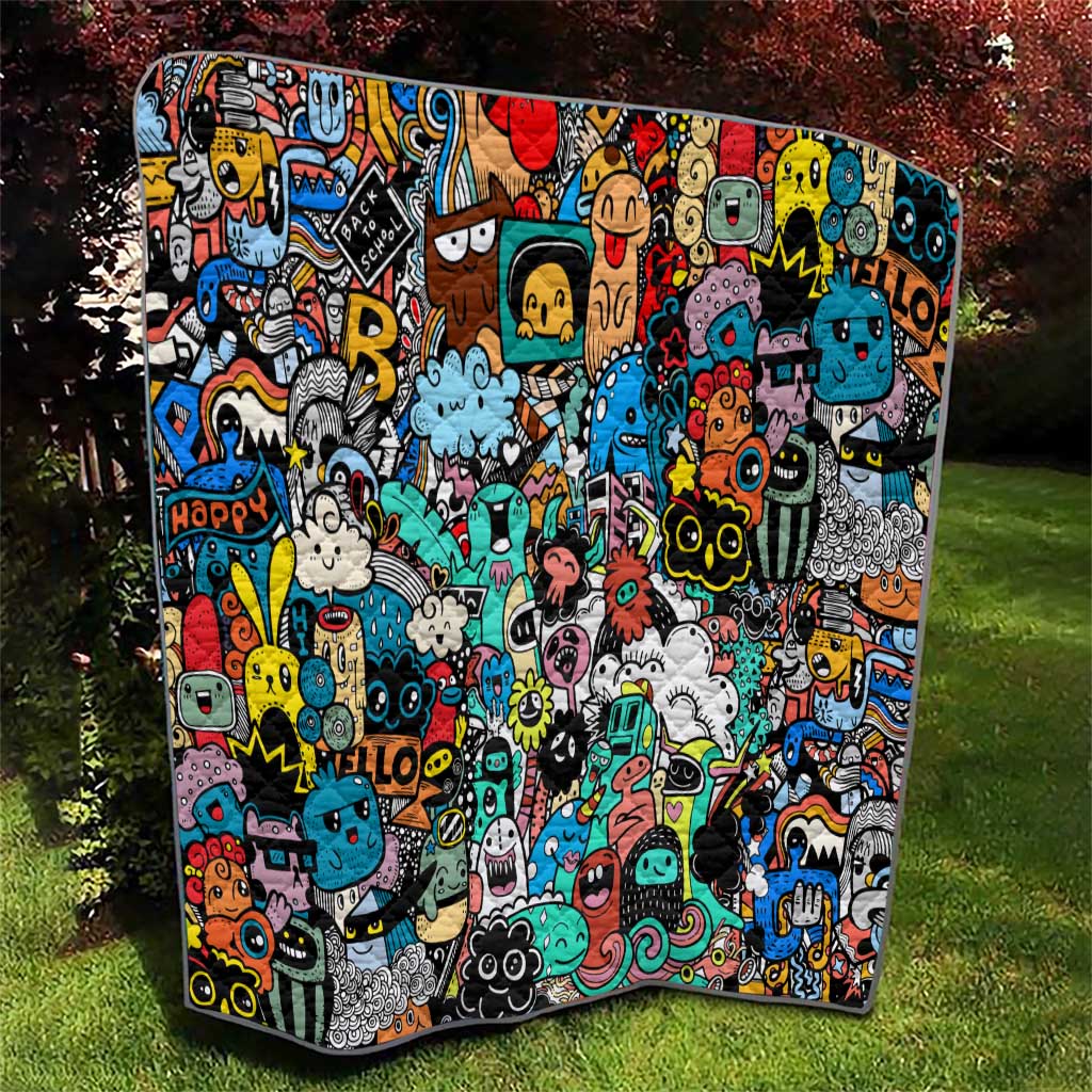 Happy Doodle Monsters Sticker Bomb Quilt Funny Graffiti Style Cartoon