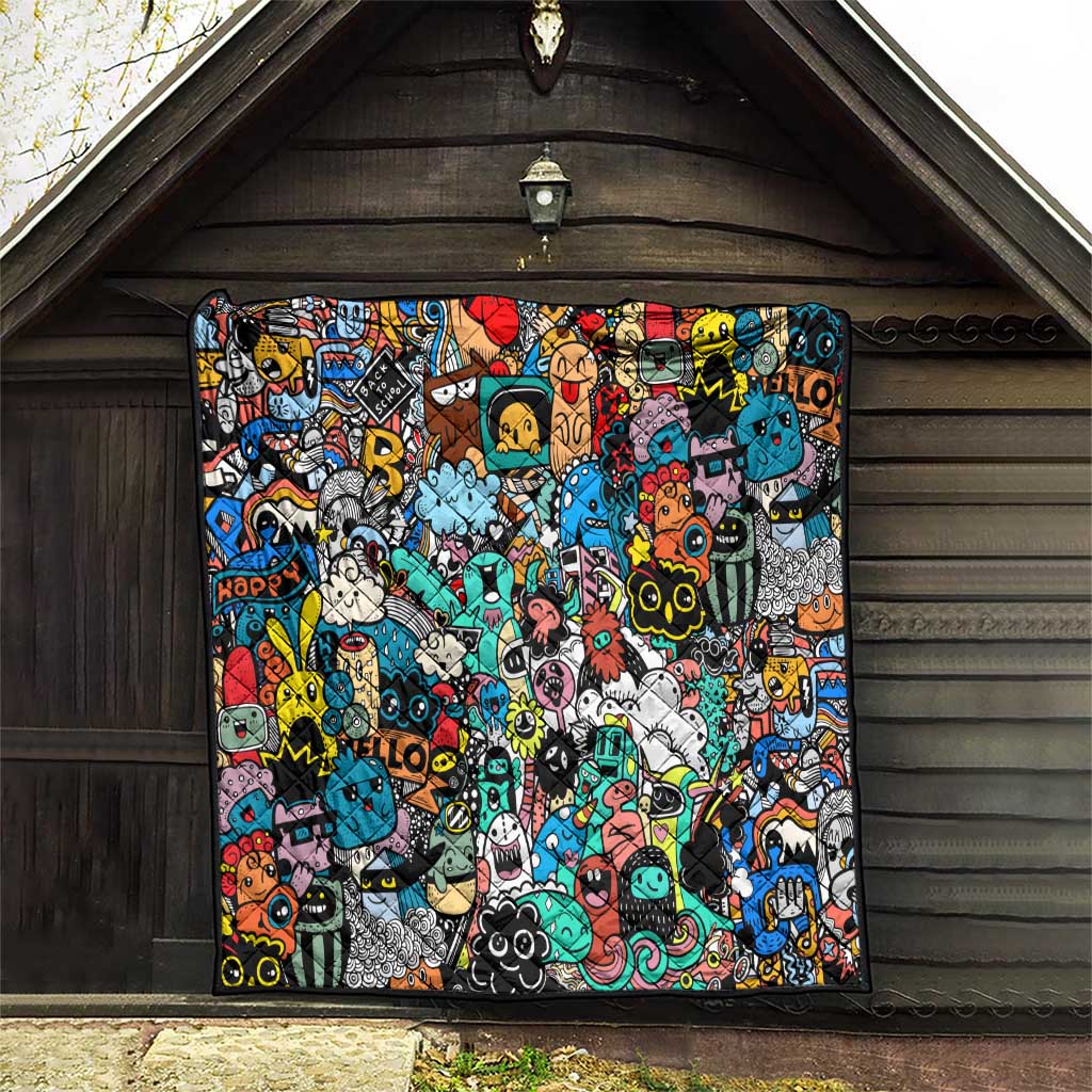 Happy Doodle Monsters Sticker Bomb Quilt Funny Graffiti Style Cartoon