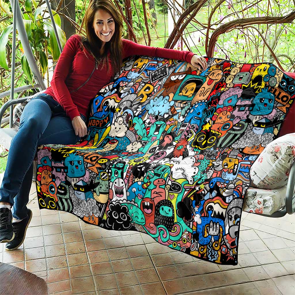 Happy Doodle Monsters Sticker Bomb Quilt Funny Graffiti Style Cartoon