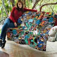 Happy Doodle Monsters Sticker Bomb Quilt Funny Graffiti Style Cartoon