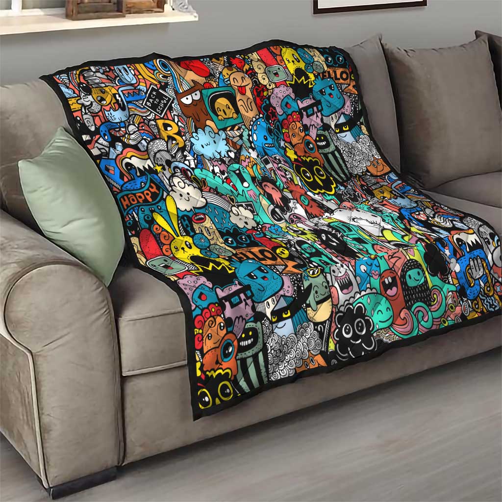 Happy Doodle Monsters Sticker Bomb Quilt Funny Graffiti Style Cartoon