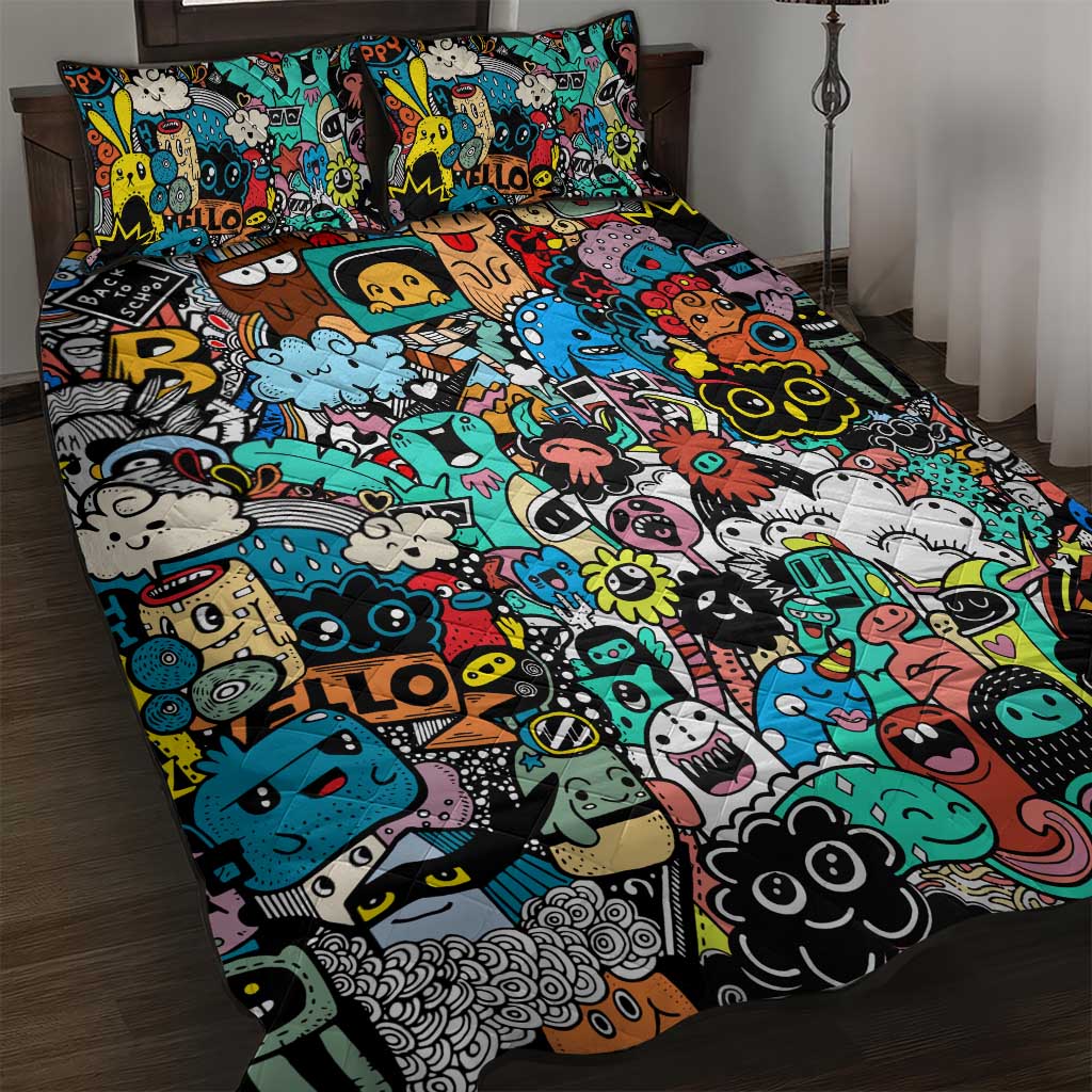 Happy Doodle Monsters Sticker Bomb Quilt Bed Set Funny Graffiti Style Cartoon