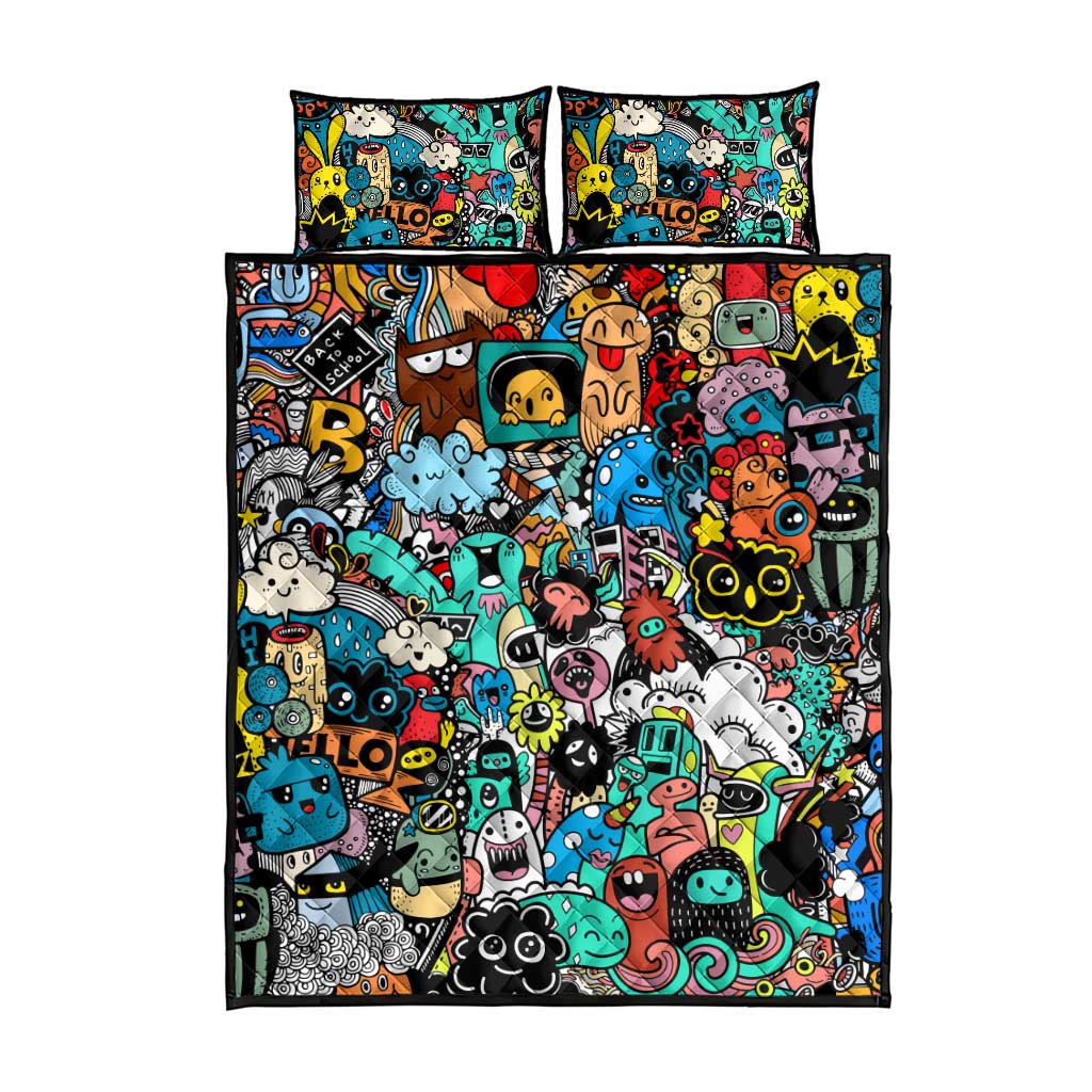 Happy Doodle Monsters Sticker Bomb Quilt Bed Set Funny Graffiti Style Cartoon