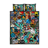 Happy Doodle Monsters Sticker Bomb Quilt Bed Set Funny Graffiti Style Cartoon