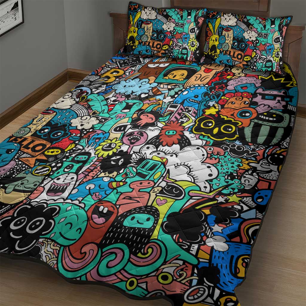 Happy Doodle Monsters Sticker Bomb Quilt Bed Set Funny Graffiti Style Cartoon