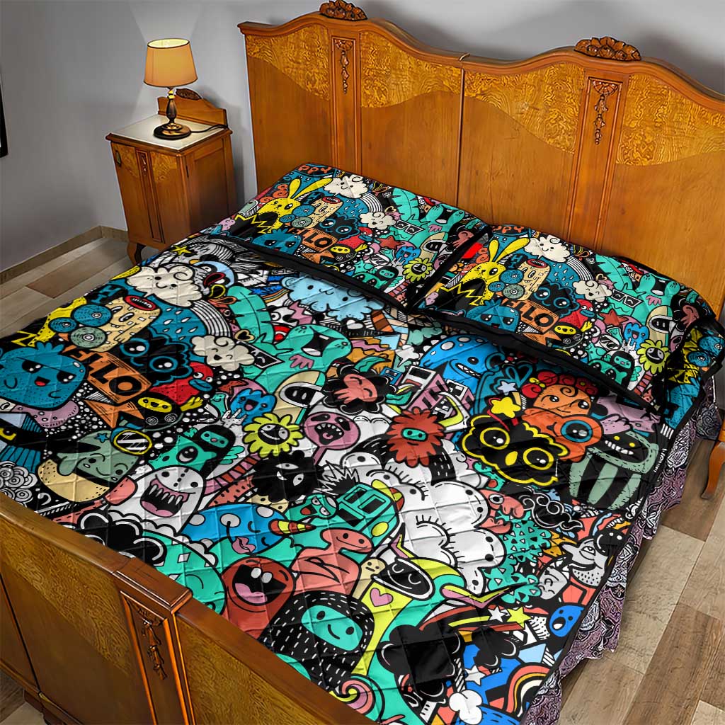 Happy Doodle Monsters Sticker Bomb Quilt Bed Set Funny Graffiti Style Cartoon