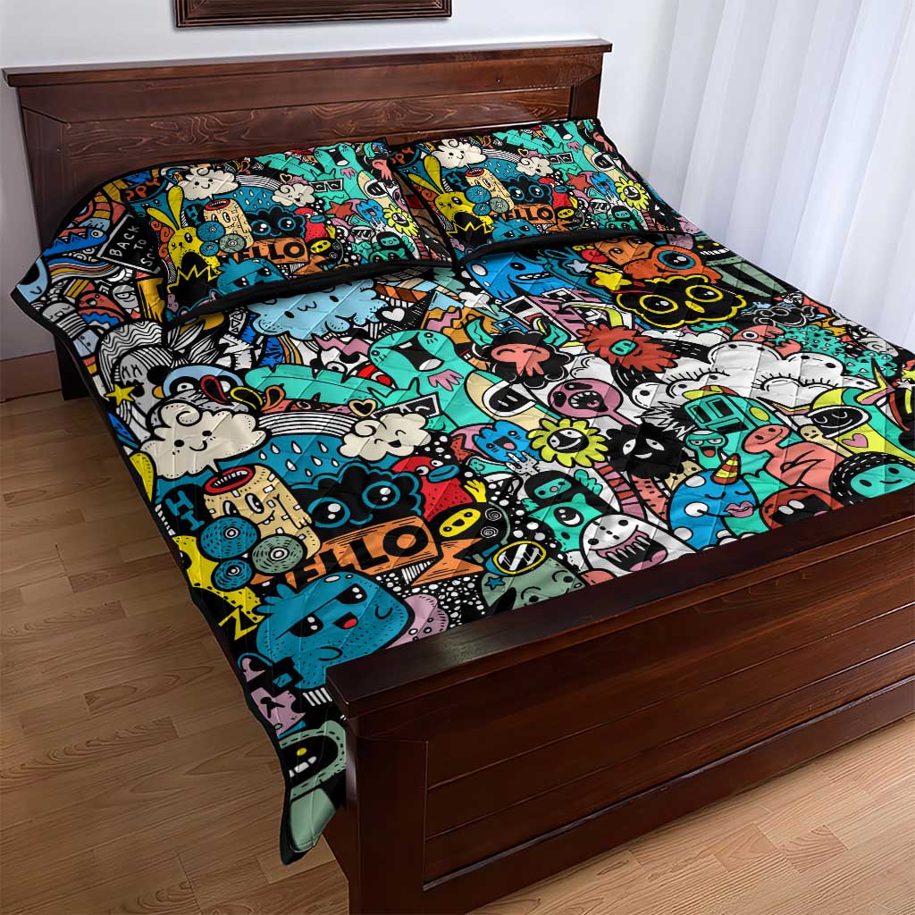 Happy Doodle Monsters Sticker Bomb Quilt Bed Set Funny Graffiti Style Cartoon