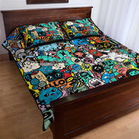 Happy Doodle Monsters Sticker Bomb Quilt Bed Set Funny Graffiti Style Cartoon