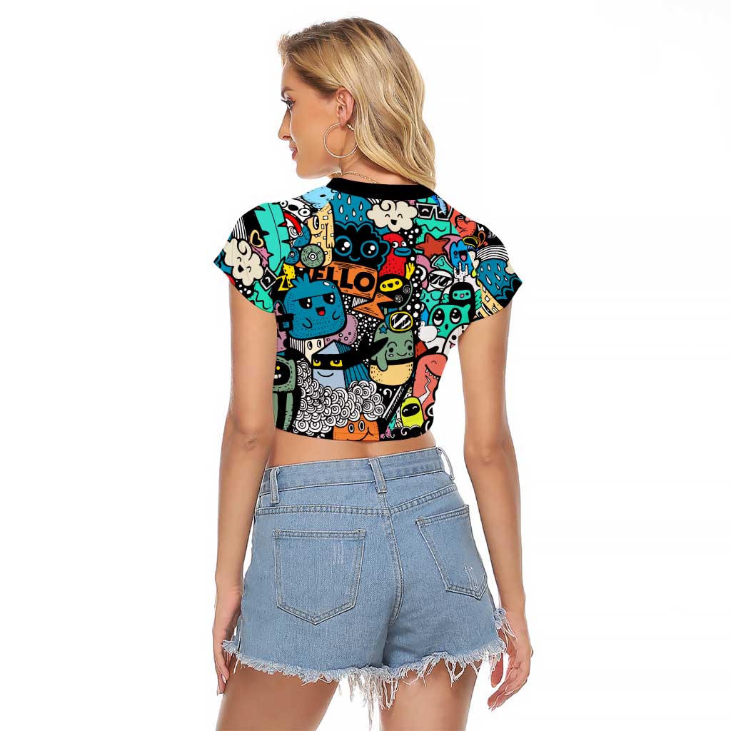 Happy Doodle Monsters Sticker Bomb Raglan Cropped T Shirt Funny Graffiti Style Cartoon
