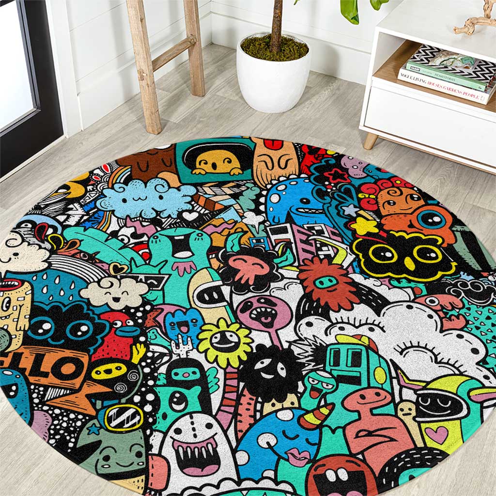 Happy Doodle Monsters Sticker Bomb Round Carpet Funny Graffiti Style Cartoon