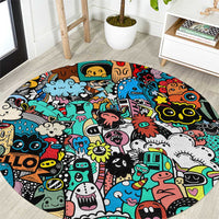 Happy Doodle Monsters Sticker Bomb Round Carpet Funny Graffiti Style Cartoon