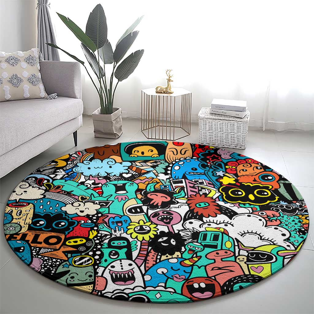 Happy Doodle Monsters Sticker Bomb Round Carpet Funny Graffiti Style Cartoon