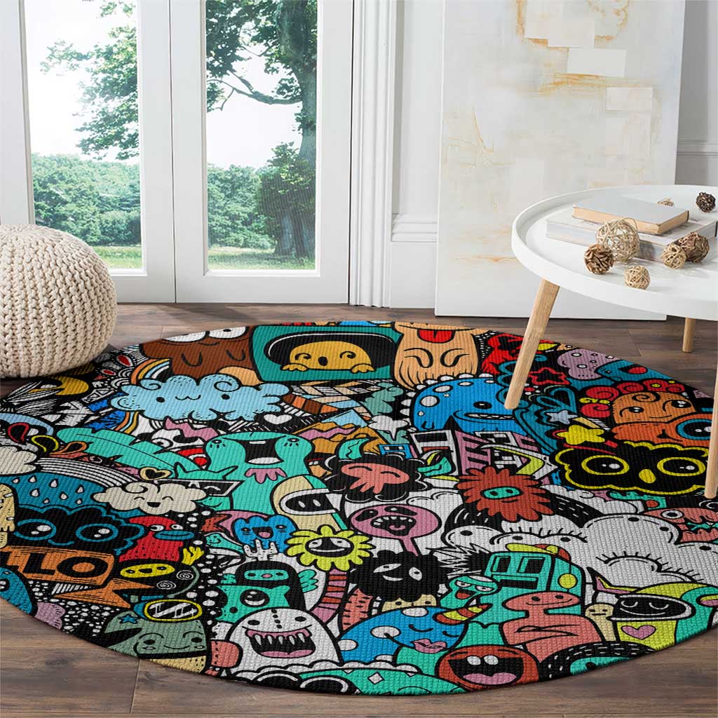 Happy Doodle Monsters Sticker Bomb Round Carpet Funny Graffiti Style Cartoon
