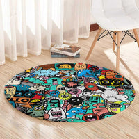 Happy Doodle Monsters Sticker Bomb Round Carpet Funny Graffiti Style Cartoon