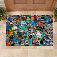 Happy Doodle Monsters Sticker Bomb Rubber Doormat Funny Graffiti Style Cartoon