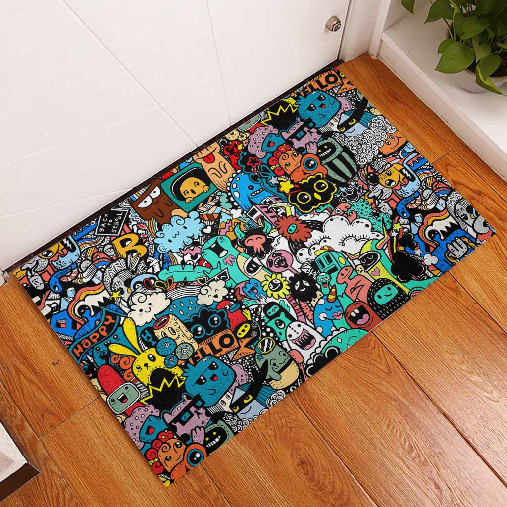 Happy Doodle Monsters Sticker Bomb Rubber Doormat Funny Graffiti Style Cartoon