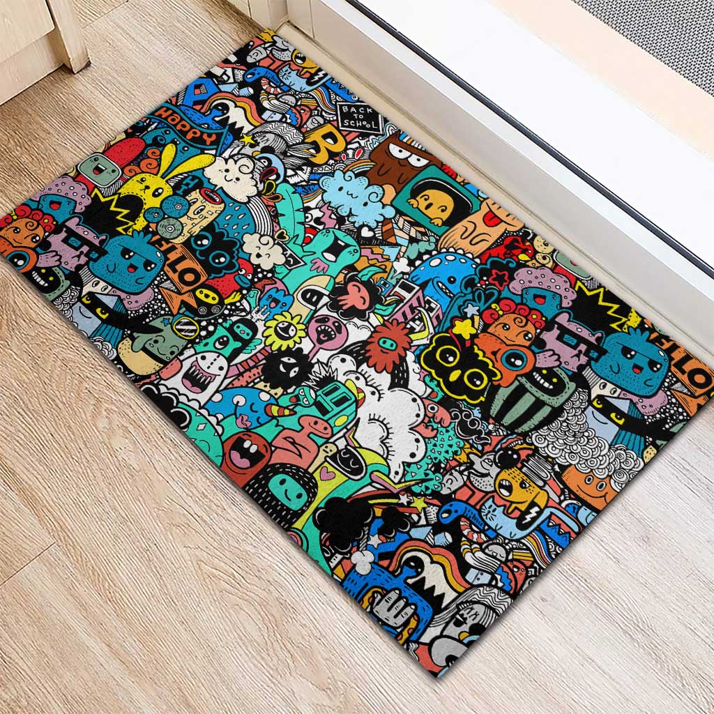 Happy Doodle Monsters Sticker Bomb Rubber Doormat Funny Graffiti Style Cartoon