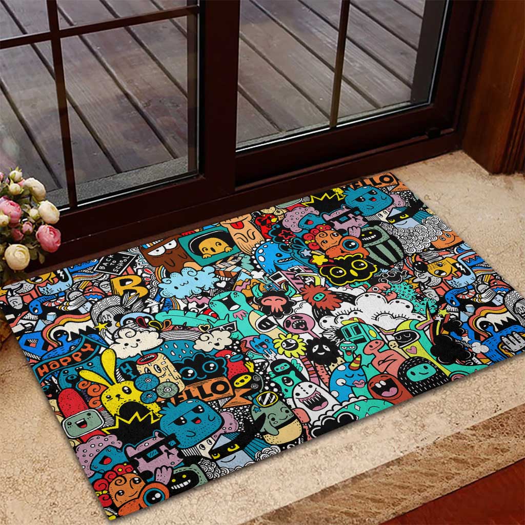 Happy Doodle Monsters Sticker Bomb Rubber Doormat Funny Graffiti Style Cartoon