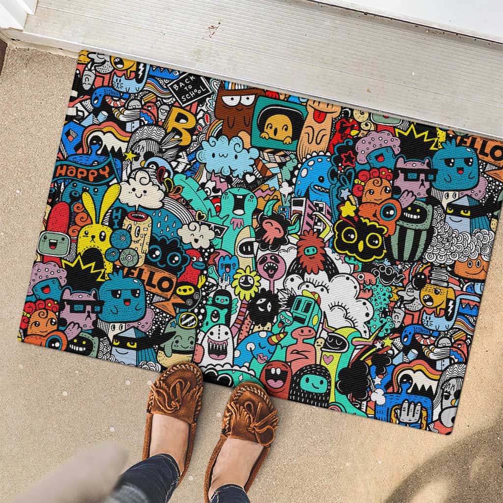 Happy Doodle Monsters Sticker Bomb Rubber Doormat Funny Graffiti Style Cartoon