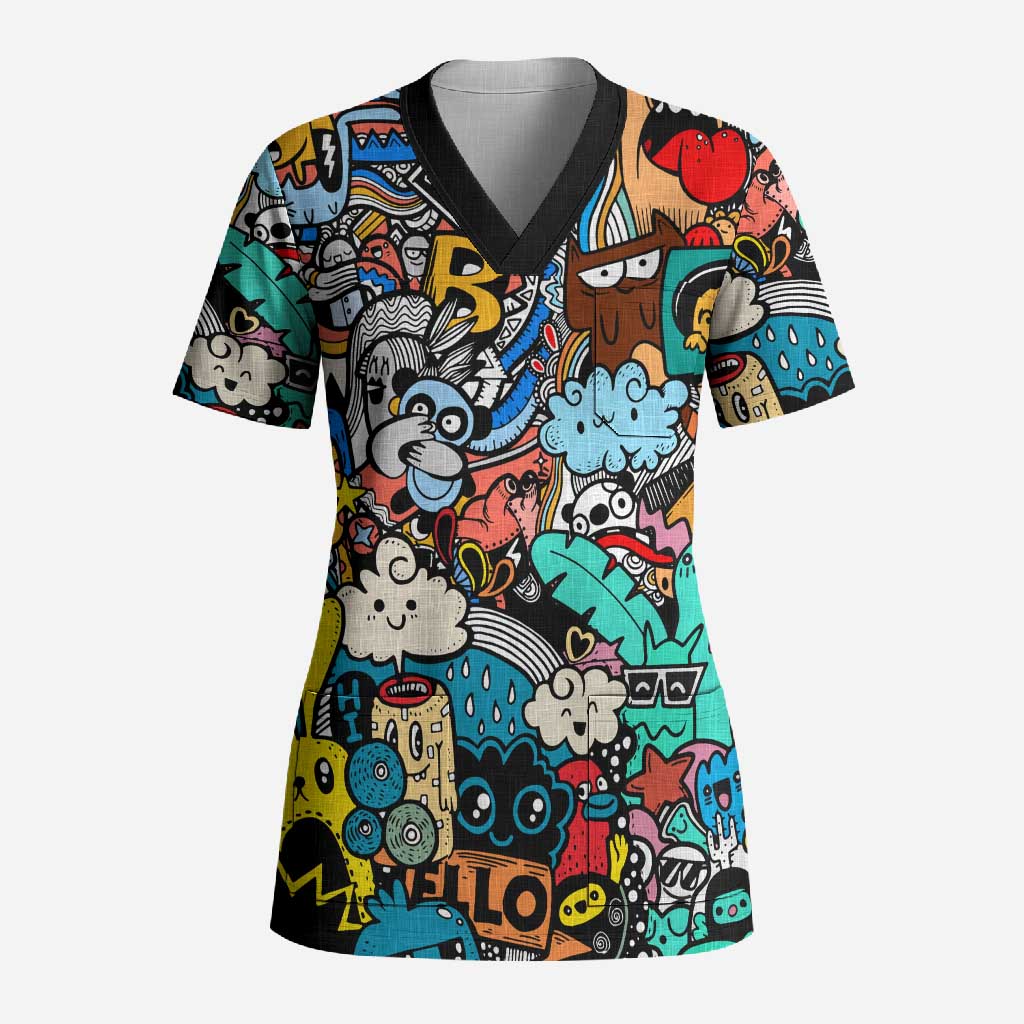 Happy Doodle Monsters Sticker Bomb Scrub Top Funny Graffiti Style Cartoon