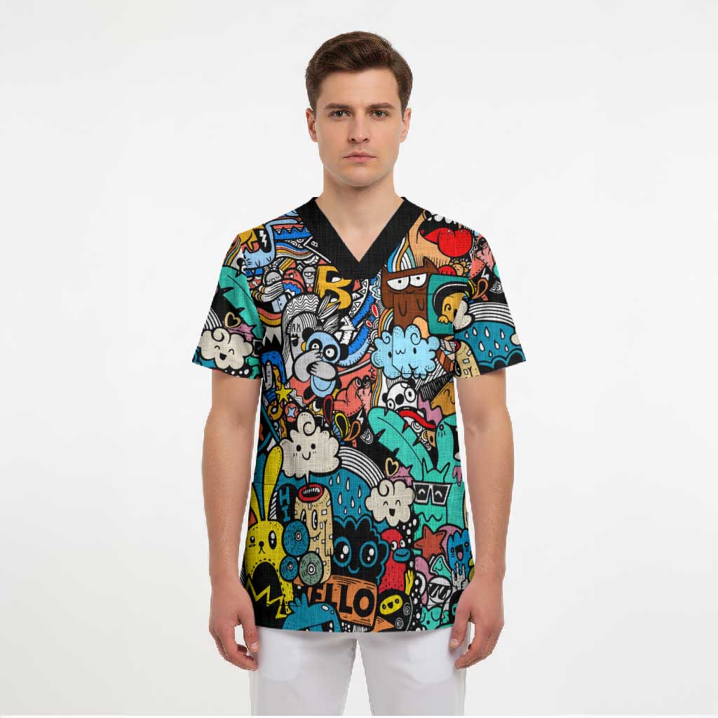 Happy Doodle Monsters Sticker Bomb Scrub Top Funny Graffiti Style Cartoon
