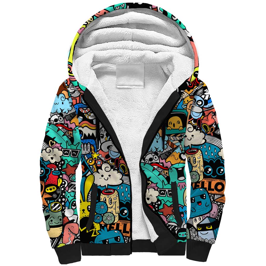 Happy Doodle Monsters Sticker Bomb Sherpa Hoodie Funny Graffiti Style Cartoon