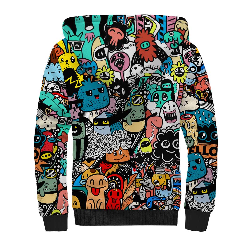 Happy Doodle Monsters Sticker Bomb Sherpa Hoodie Funny Graffiti Style Cartoon