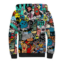 Happy Doodle Monsters Sticker Bomb Sherpa Hoodie Funny Graffiti Style Cartoon