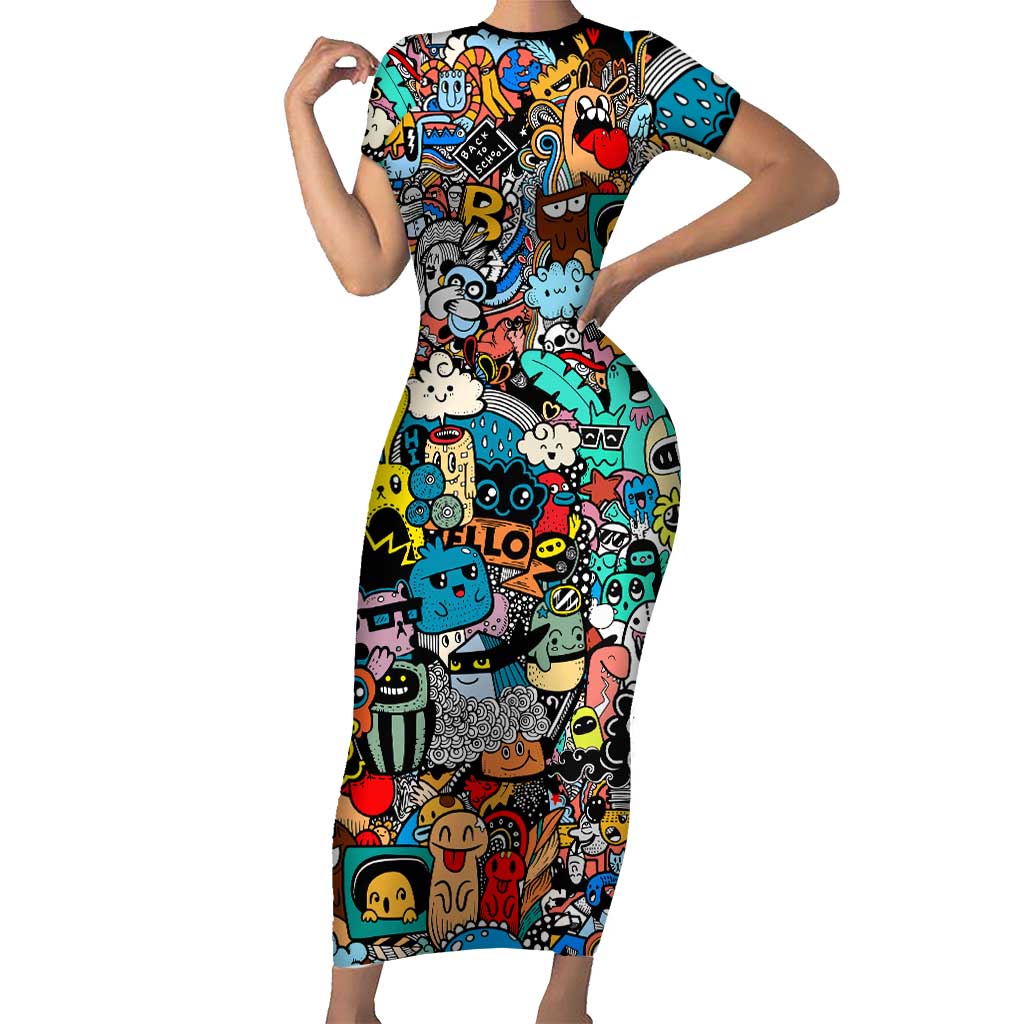 Happy Doodle Monsters Sticker Bomb Short Sleeve Bodycon Dress Funny Graffiti Style Cartoon