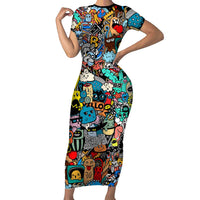 Happy Doodle Monsters Sticker Bomb Short Sleeve Bodycon Dress Funny Graffiti Style Cartoon