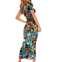 Happy Doodle Monsters Sticker Bomb Short Sleeve Bodycon Dress Funny Graffiti Style Cartoon