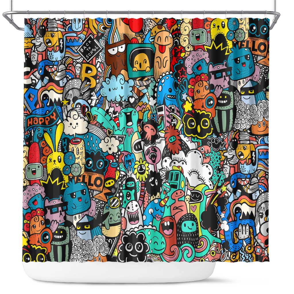 Happy Doodle Monsters Sticker Bomb Shower Curtain Funny Graffiti Style Cartoon