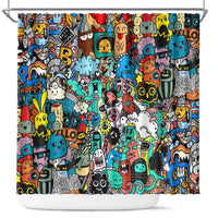 Happy Doodle Monsters Sticker Bomb Shower Curtain Funny Graffiti Style Cartoon