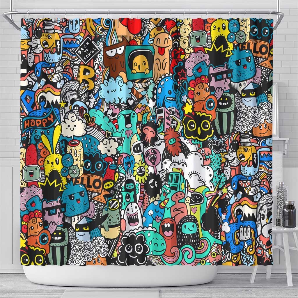 Happy Doodle Monsters Sticker Bomb Shower Curtain Funny Graffiti Style Cartoon