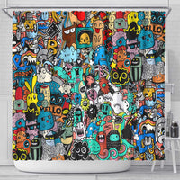 Happy Doodle Monsters Sticker Bomb Shower Curtain Funny Graffiti Style Cartoon