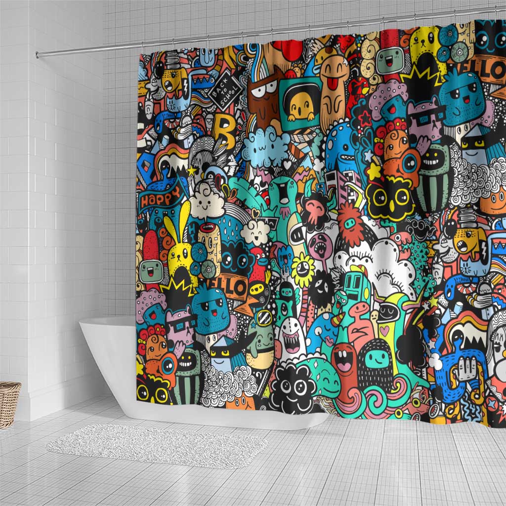 Happy Doodle Monsters Sticker Bomb Shower Curtain Funny Graffiti Style Cartoon