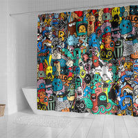 Happy Doodle Monsters Sticker Bomb Shower Curtain Funny Graffiti Style Cartoon