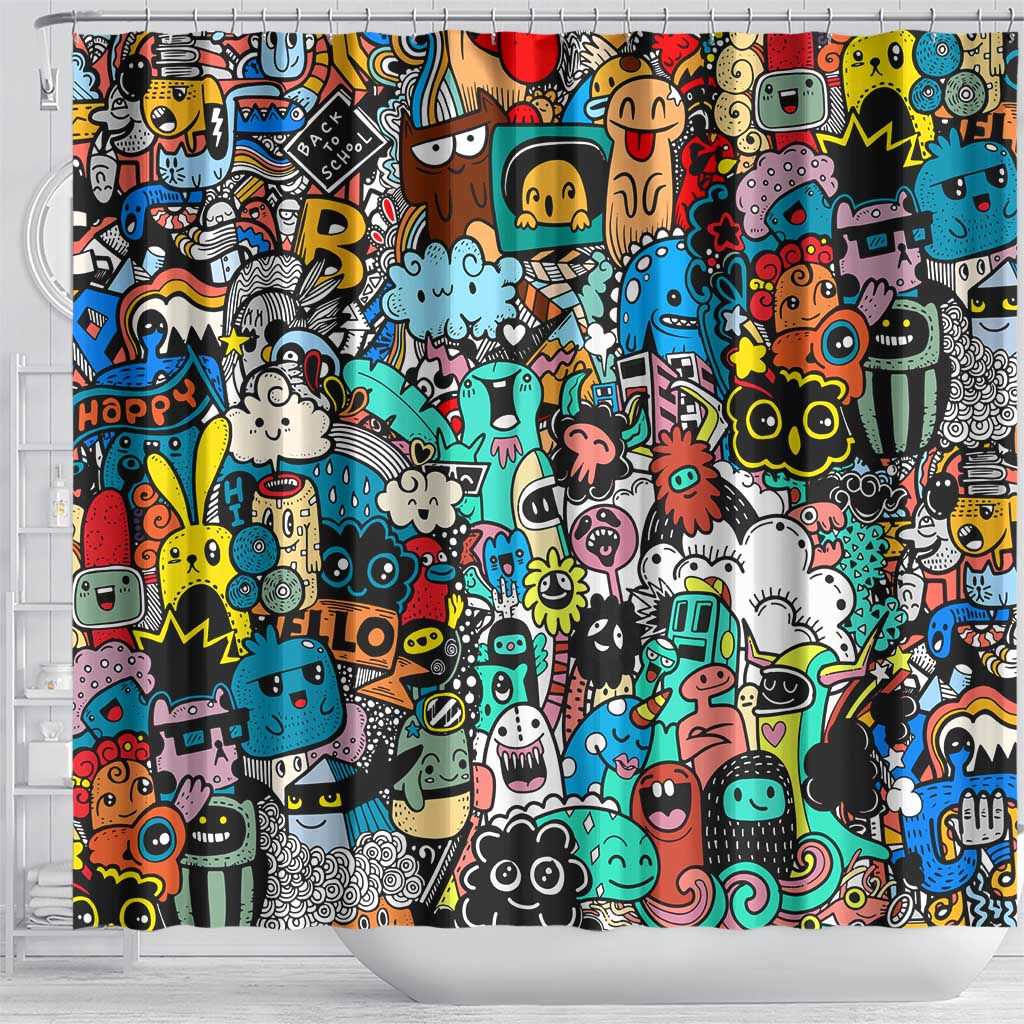 Happy Doodle Monsters Sticker Bomb Shower Curtain Funny Graffiti Style Cartoon