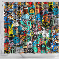 Happy Doodle Monsters Sticker Bomb Shower Curtain Funny Graffiti Style Cartoon