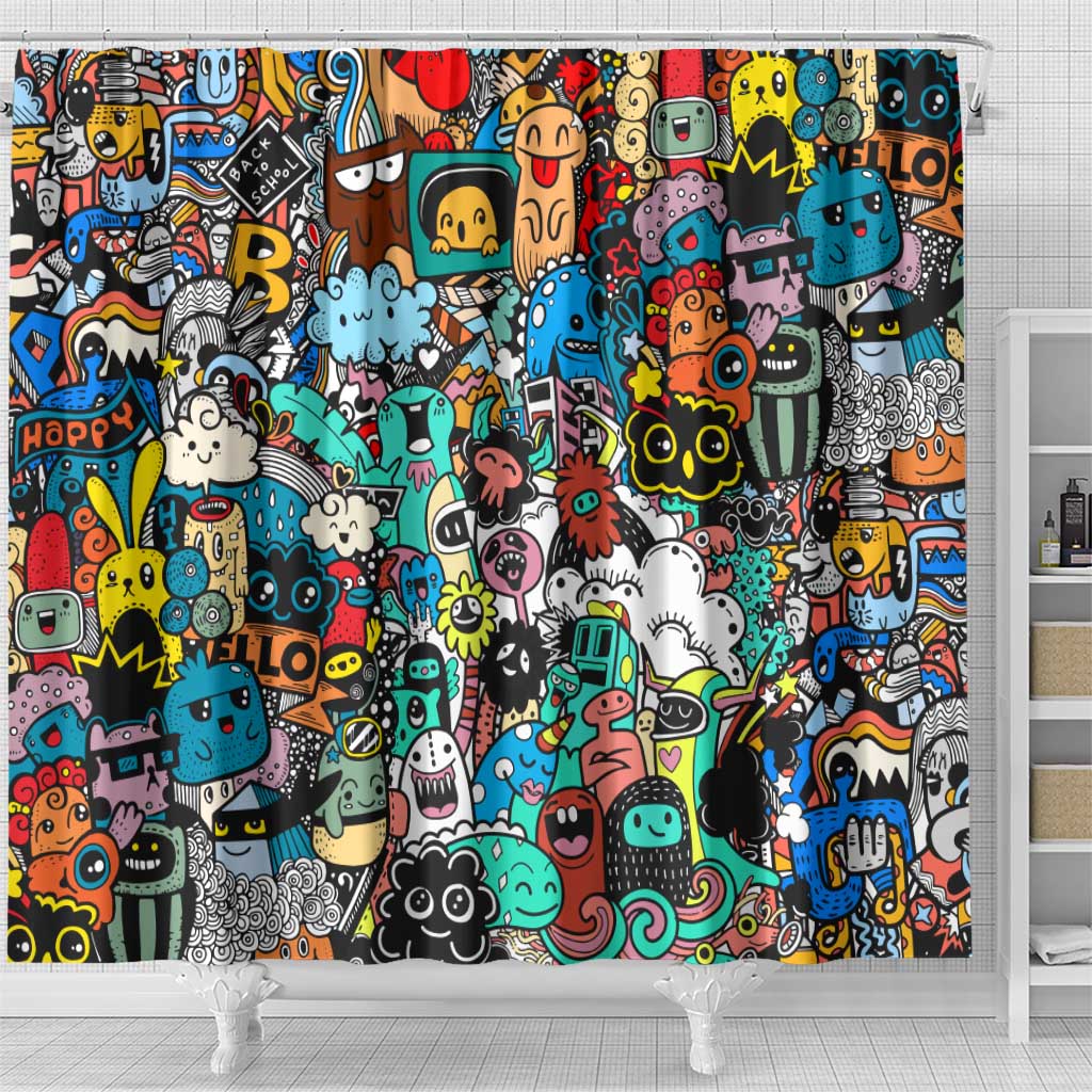 Happy Doodle Monsters Sticker Bomb Shower Curtain Funny Graffiti Style Cartoon